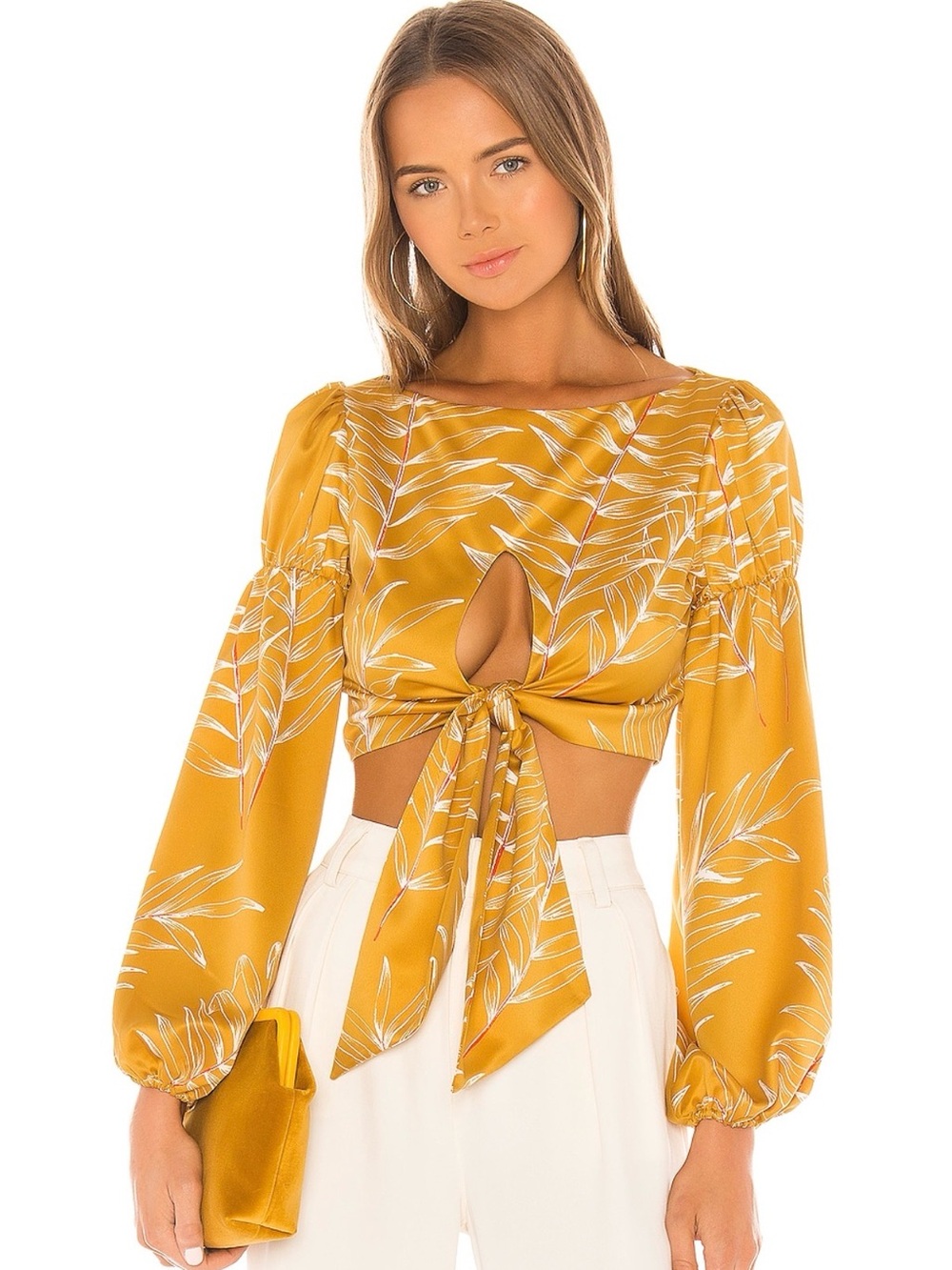 Camila Coelho Mustard Leaf Tie-Front Crop Top